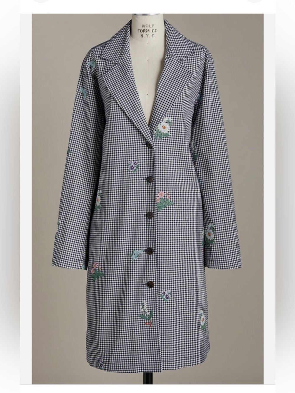 Sundance Black & White Gingham Trench Coat with Floral Embroidery